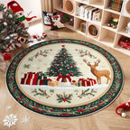Alfombra redonda navideña con diseño de árbol y regalos