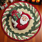 Alfombra redonda navideña con diseño de árbol y regalos