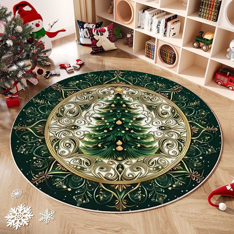 Alfombra redonda navideña con diseño de árbol y regalos