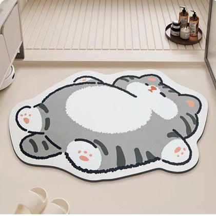 Alfombrilla de baño con forma de gato de felpa con base antideslizante y acolchado de espuma