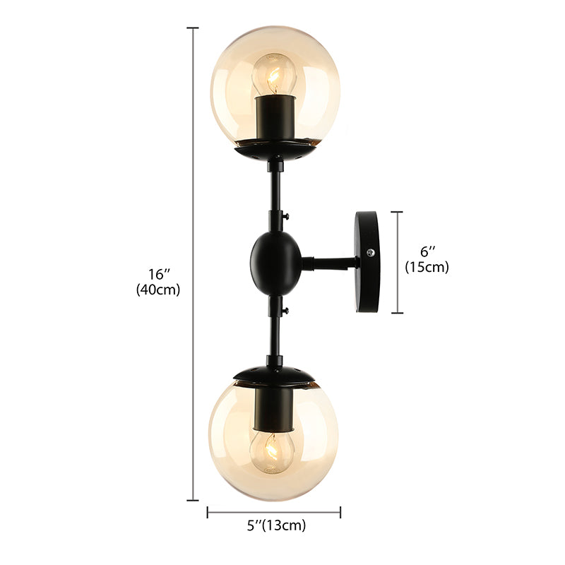 Aplique de pared industrial negro con 2 luces y pantallas globo de cristal ámbar