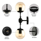 Aplique de pared industrial negro con 2 luces y pantallas globo de cristal ámbar