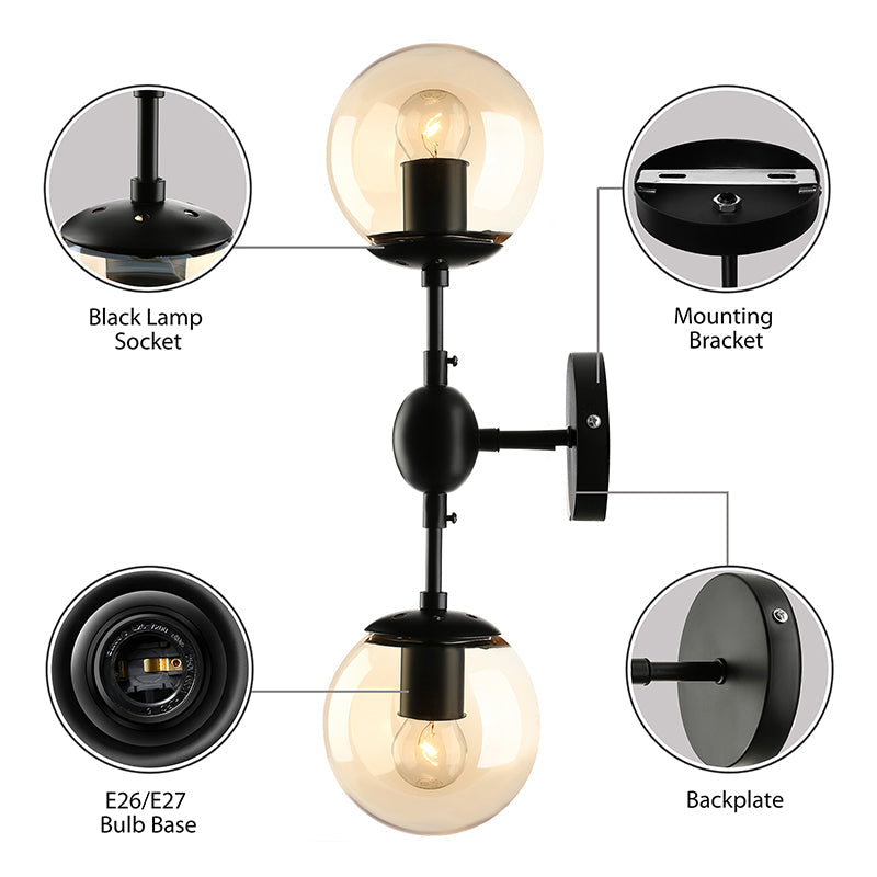 Aplique de pared industrial negro con 2 luces y pantallas globo de cristal ámbar