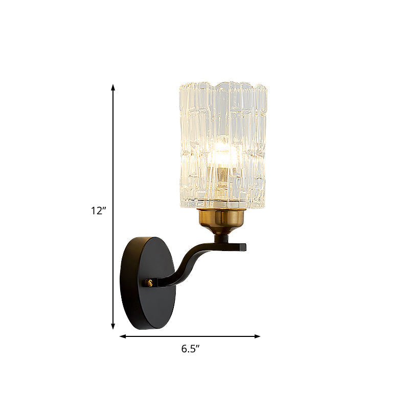 Aplique de pared contemporáneo con cilindro de cristal transparente y brazo curvo metálico negro