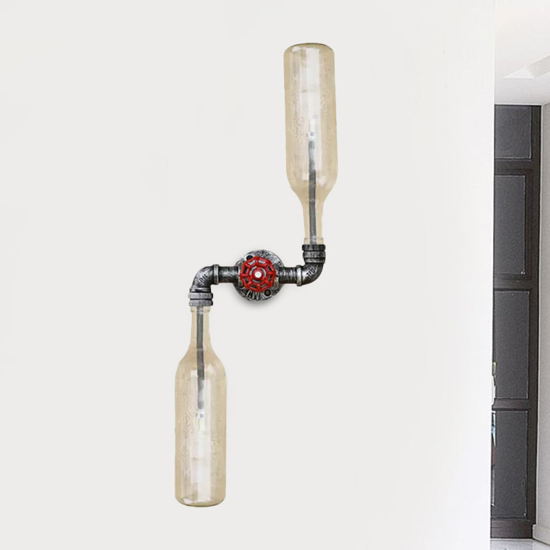 Aplique de pared estilo industrial con botellas de cristal gris/azul, 2 luces