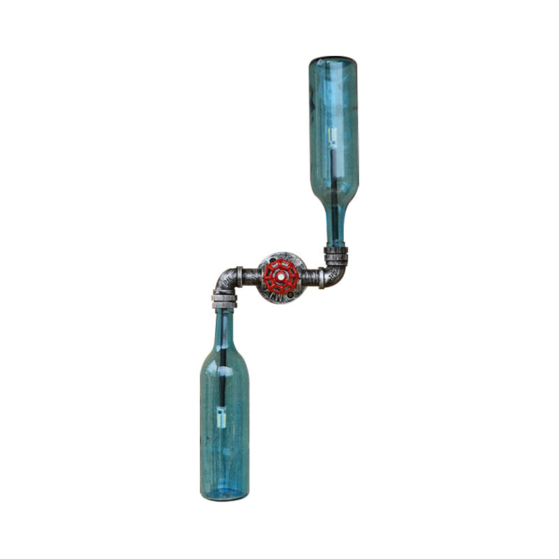 Aplique de pared estilo industrial con botellas de cristal gris/azul, 2 luces