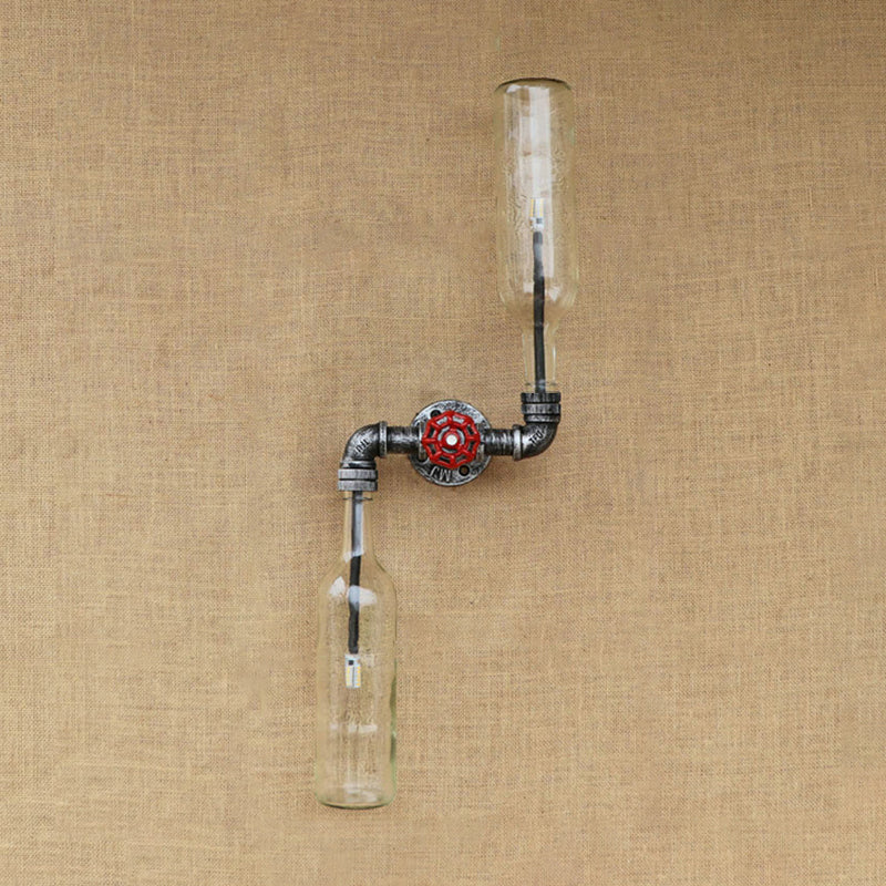 Aplique de pared estilo industrial con botellas de cristal gris/azul, 2 luces