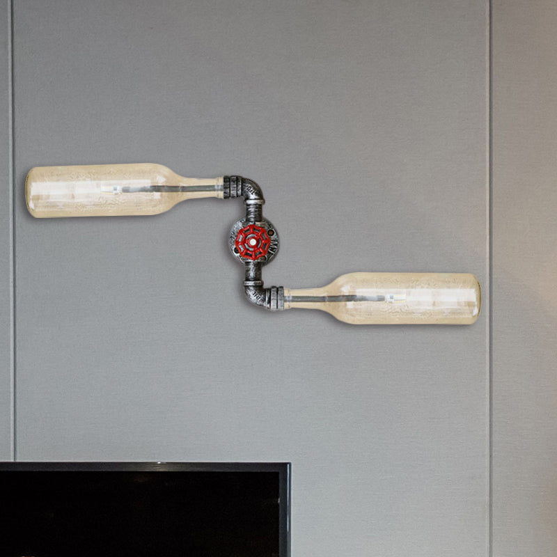 Aplique de pared estilo industrial con botellas de cristal gris/azul, 2 luces