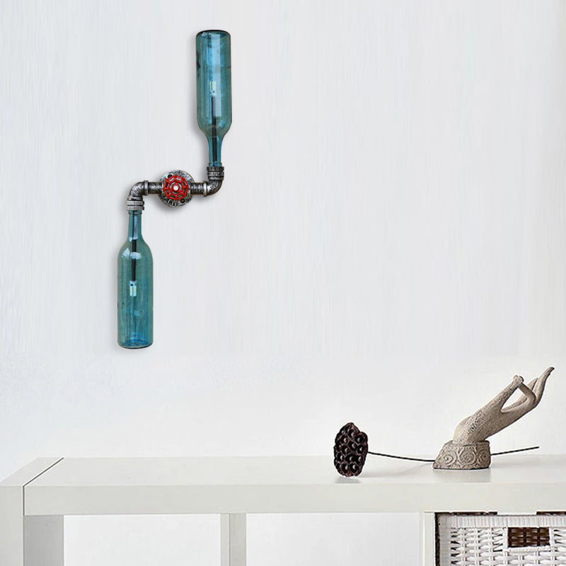 Aplique de pared estilo industrial con botellas de cristal gris/azul, 2 luces