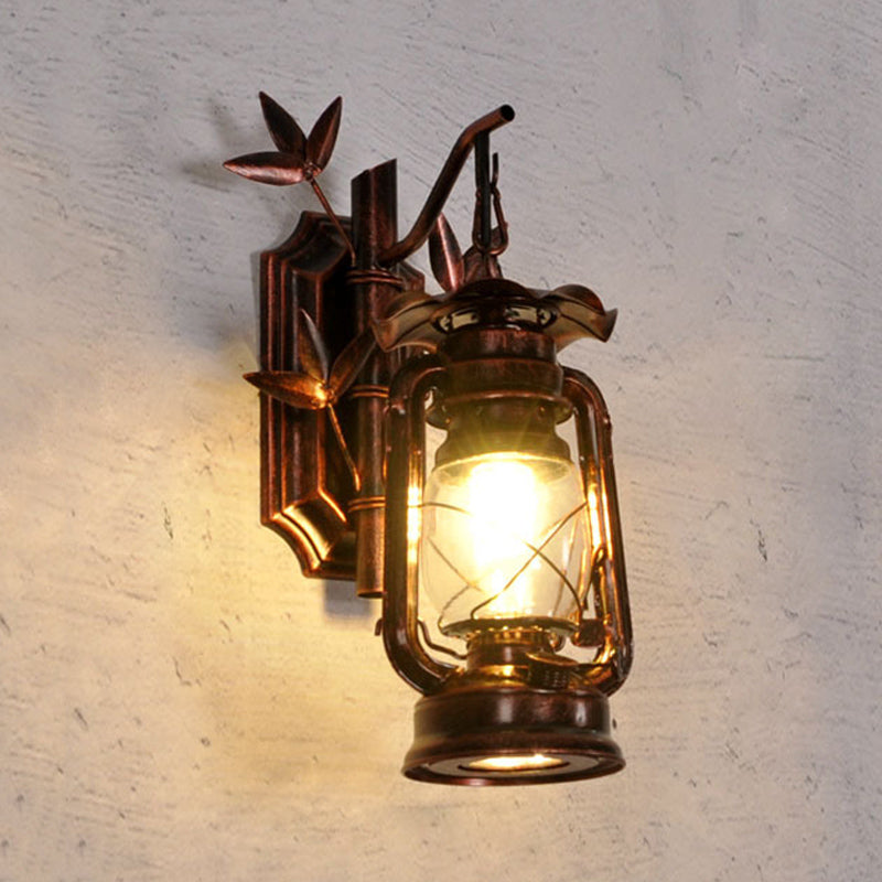 Aplique de pared industrial farol 1 luz con cristal transparente y placa trasera de bambú metálico