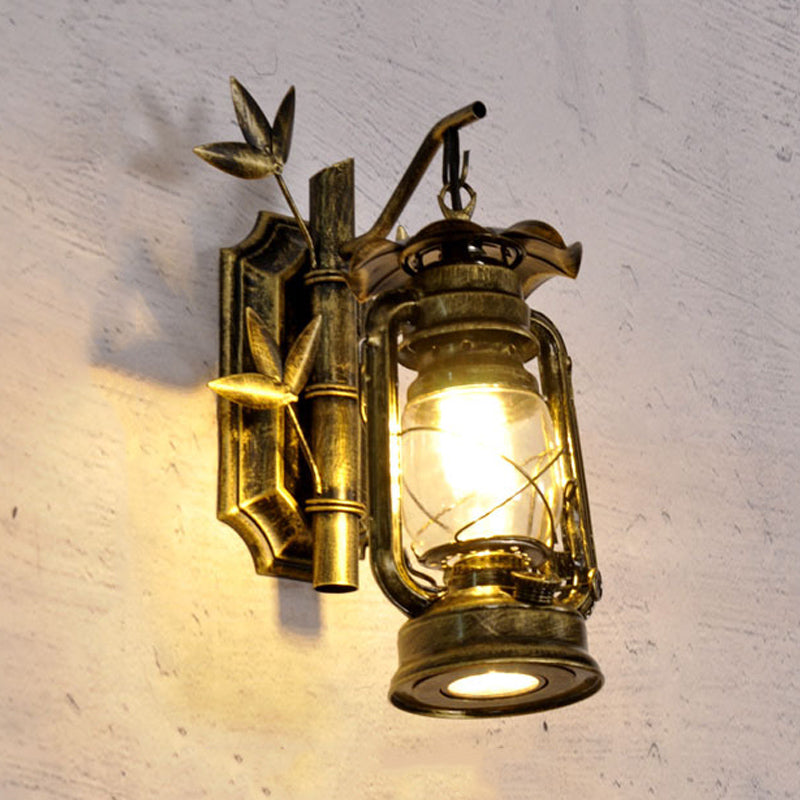 Aplique de pared industrial farol 1 luz con cristal transparente y placa trasera de bambú metálico