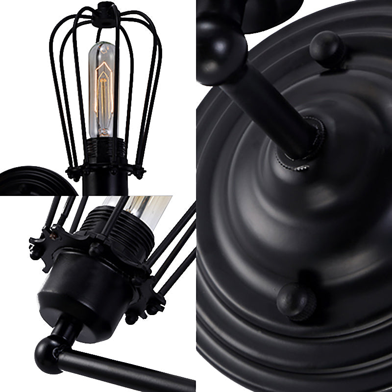Aplique de pared industrial con jaula metálica negra, pack de 2 unidades
