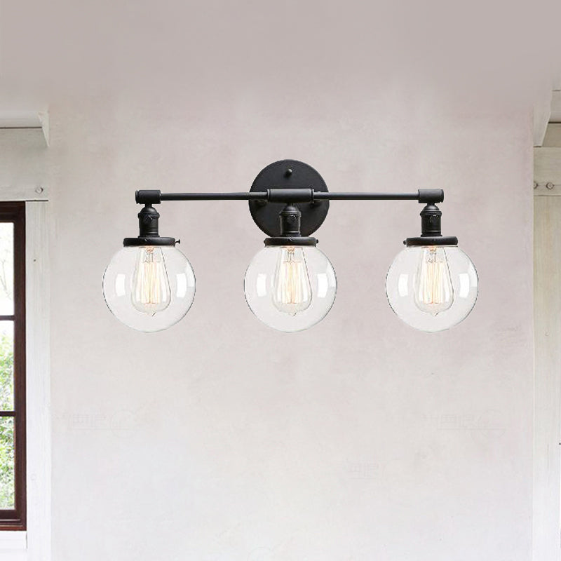 Aplique de pared industrial negro con 3 luces y pantallas de cristal transparente tipo burbuja