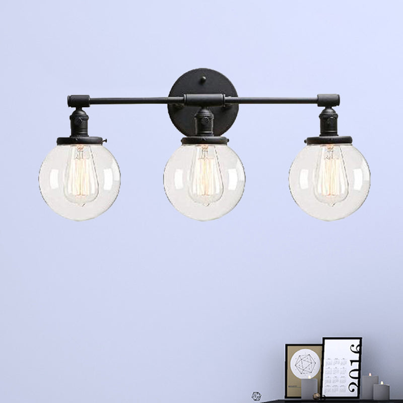 Aplique de pared industrial negro con 3 luces y pantallas de cristal transparente tipo burbuja