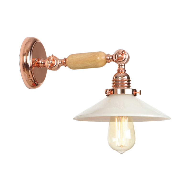 Aplique de pared industrial con pantalla cónica de cristal opalino oro rosa