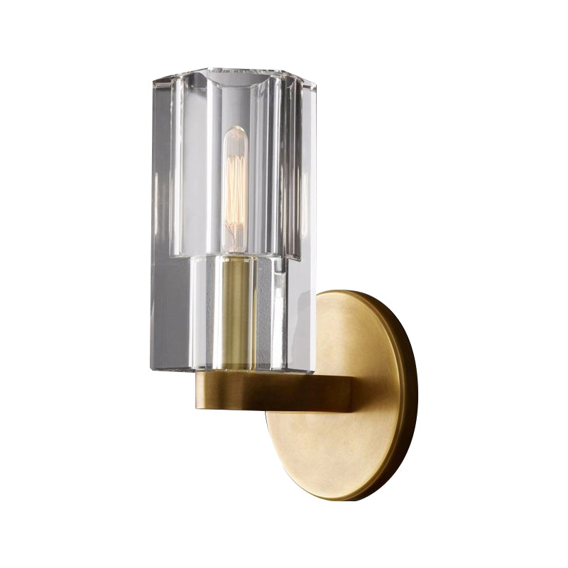 Aplique de pared modernista con cilindro de cristal transparente y placa redonda en latón
