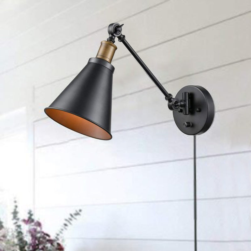 Aplique de pared vintage con brazo articulado y pantalla cónica en negro