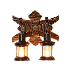 Aplique de pared vintage estilo farol con 2 luces, placa de madera y pantalla de metal negro