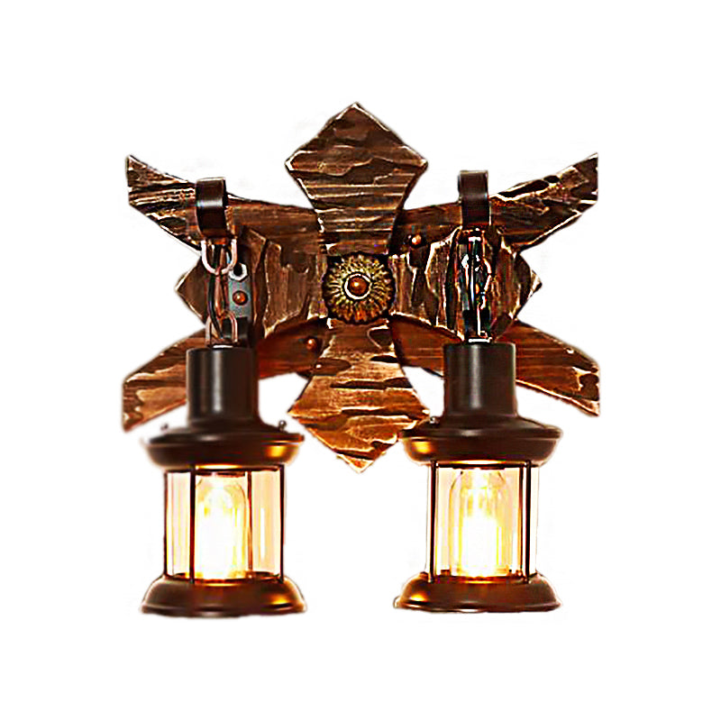 Aplique de pared vintage estilo farol con 2 luces, placa de madera y pantalla de metal negro