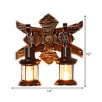 Aplique de pared vintage estilo farol con 2 luces, placa de madera y pantalla de metal negro