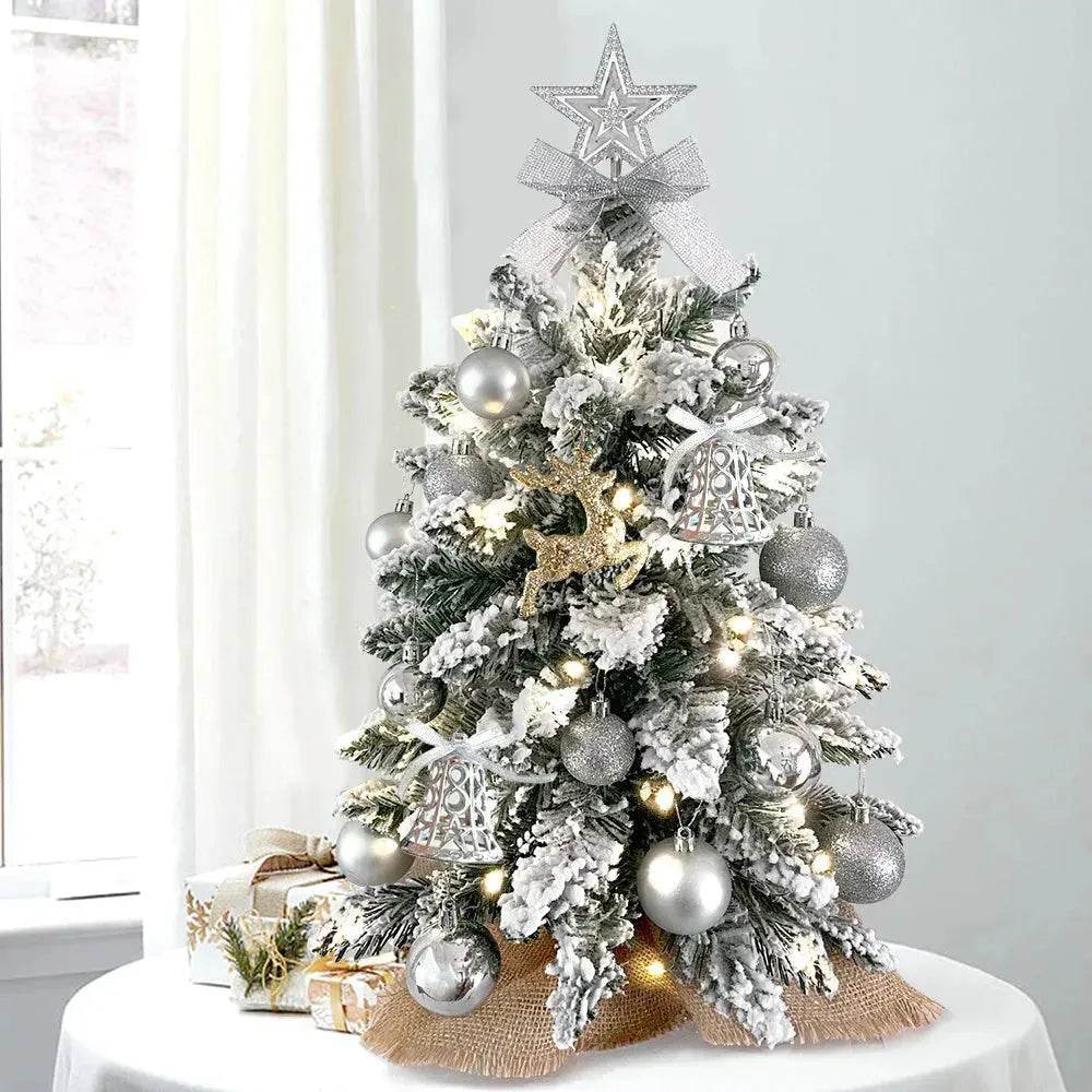 Árbol de Navidad mini de 60 cm con nieve escarchada y adornos para mesa