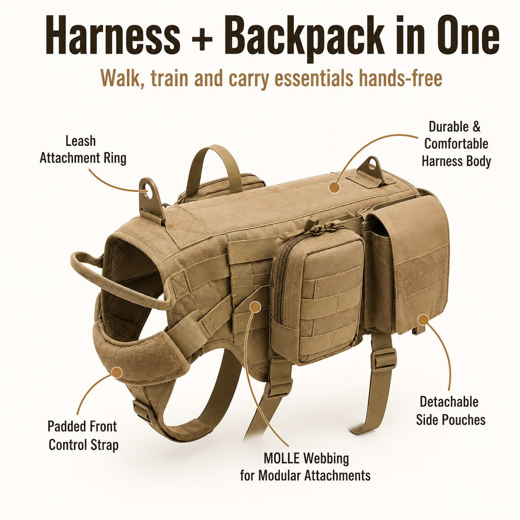 Arnés mochila táctico para perros – Senderismo y paseos diarios con bolsas desmontables