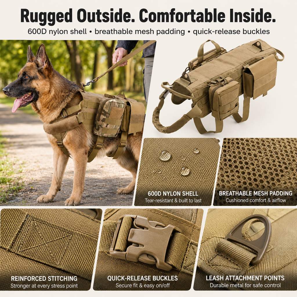 Arnés mochila táctico para perros – Senderismo y paseos diarios con bolsas desmontables
