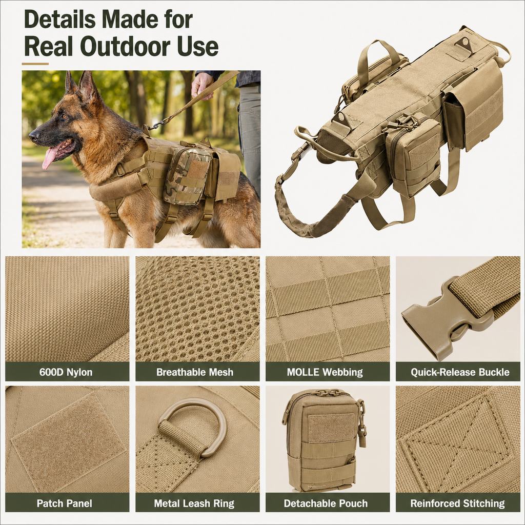 Arnés mochila táctico para perros – Senderismo y paseos diarios con bolsas desmontables
