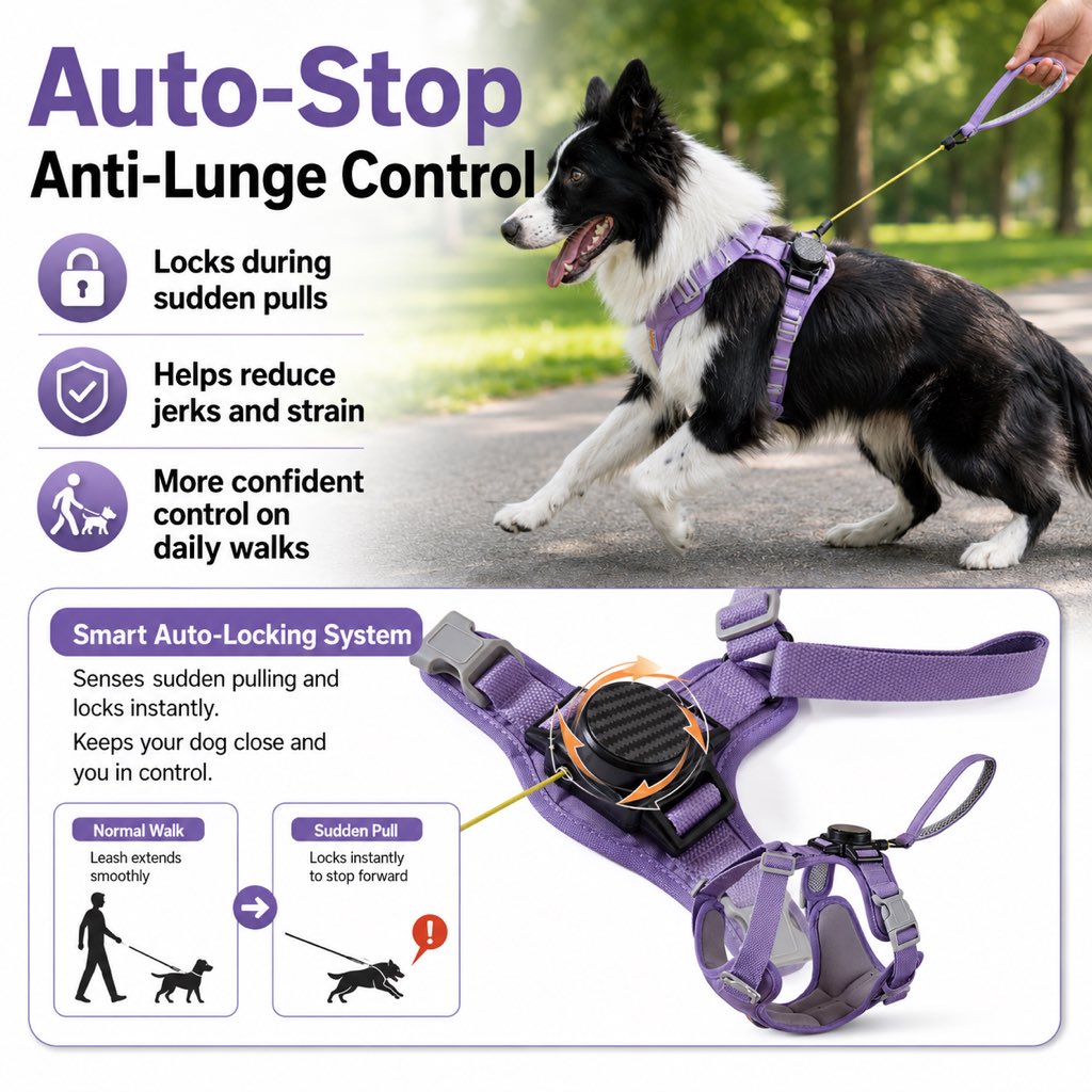 Arnés retráctil 2 en 1 para perro con correa integrada y control de parada automática para perros pequeños y medianos