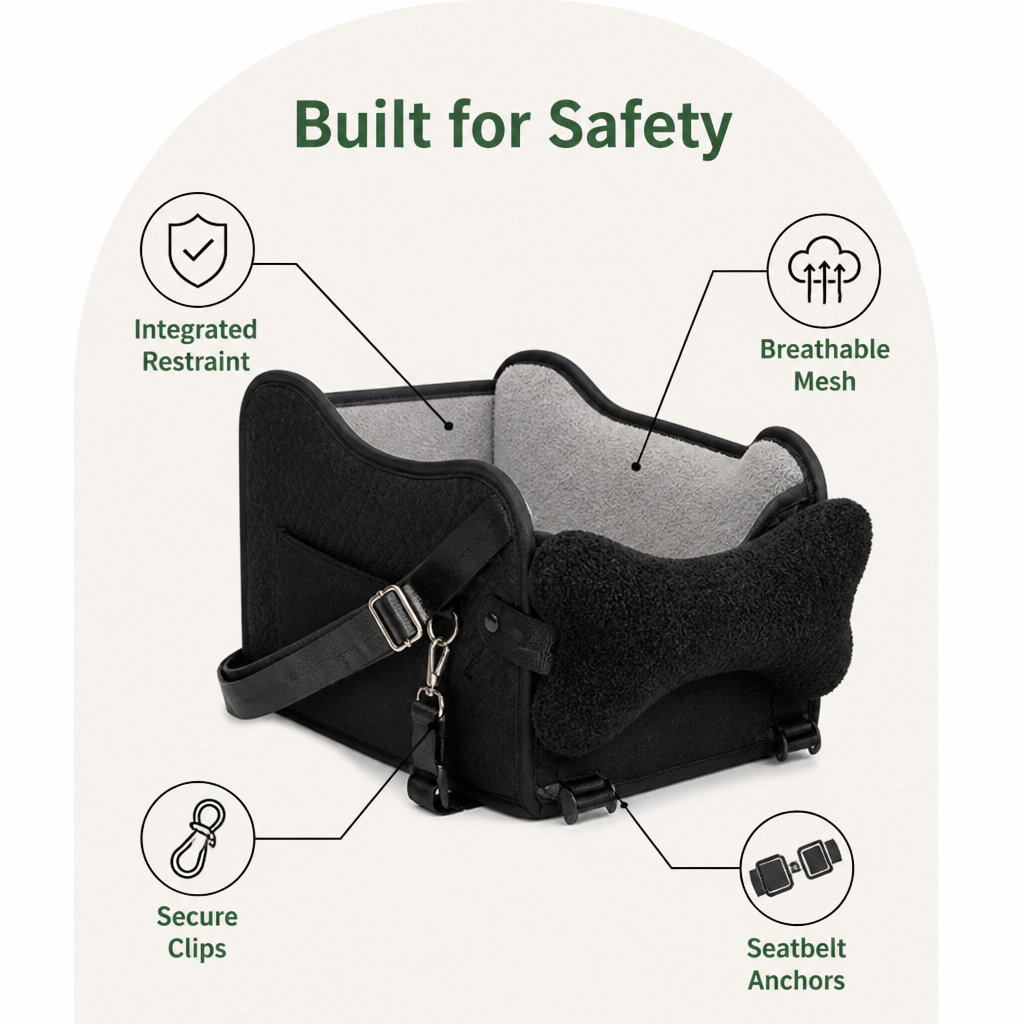Asiento de coche para perros con malla transpirable y arnés de seguridad