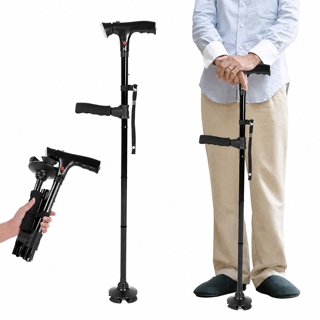 Bastón plegable con doble empuñadura, base de cuatro puntos, luz LED y alarma