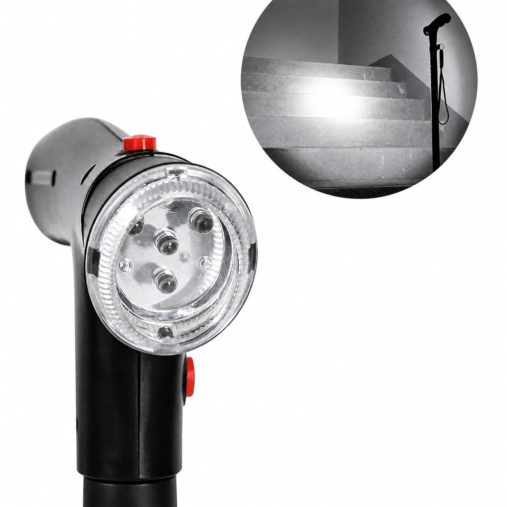 Bastón plegable con doble empuñadura, base de cuatro puntos, luz LED y alarma