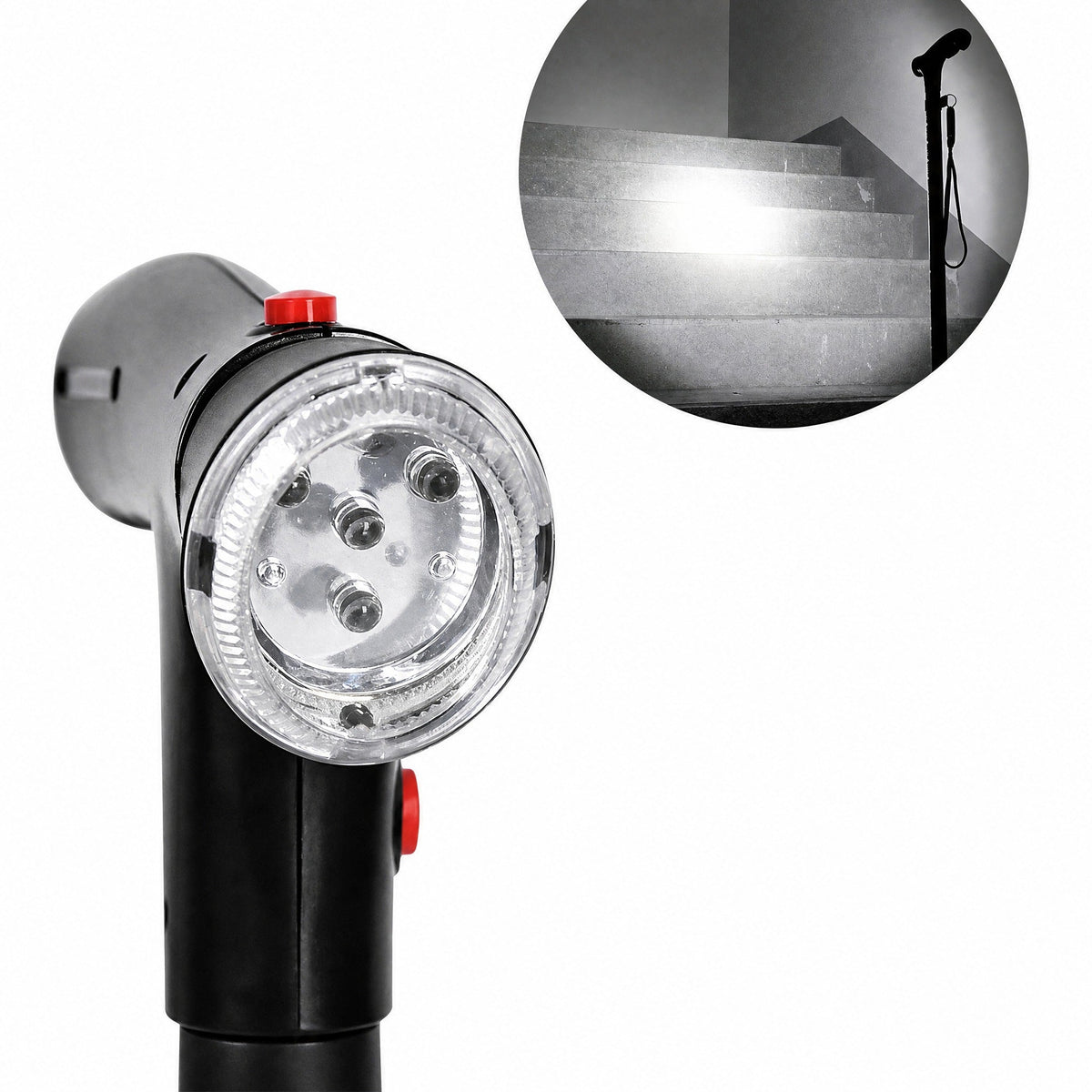 Bastón plegable con doble empuñadura, base de cuatro puntos, luz LED y alarma