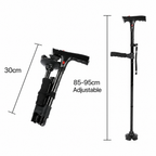Bastón plegable con doble empuñadura, base de cuatro puntos, luz LED y alarma