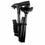 Bastón plegable con doble empuñadura, base de cuatro puntos, luz LED y alarma