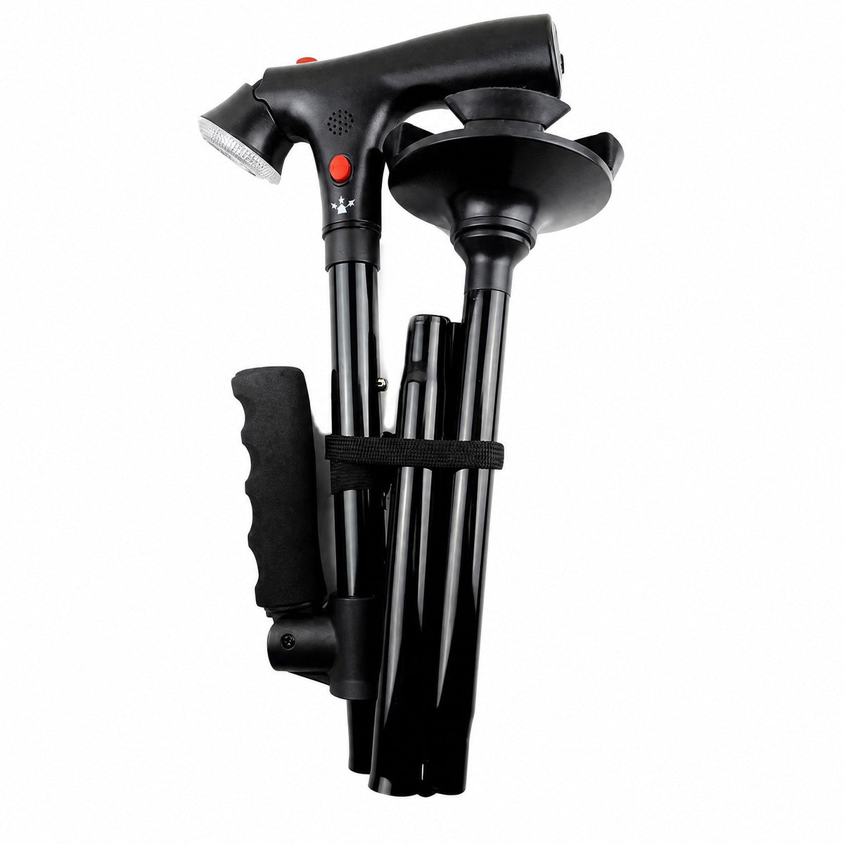 Bastón plegable con doble empuñadura, base de cuatro puntos, luz LED y alarma