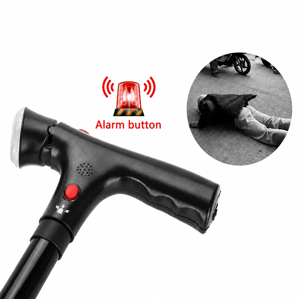 Bastón plegable con doble empuñadura, base de cuatro puntos, luz LED y alarma