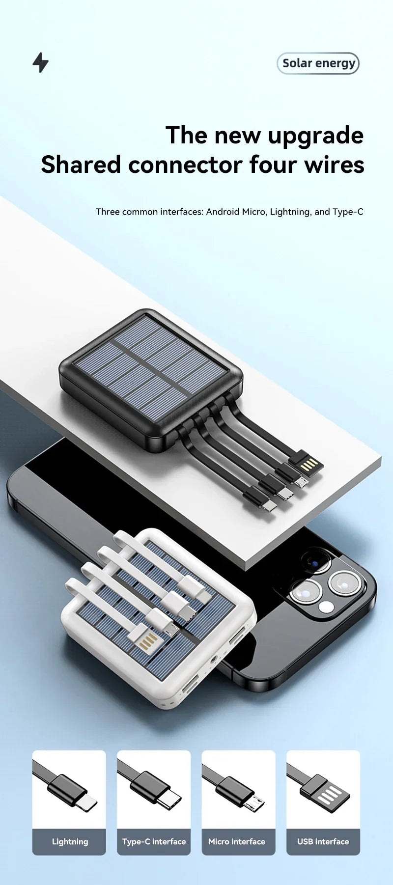 Batería externa solar 4 en 1 con cables integrados