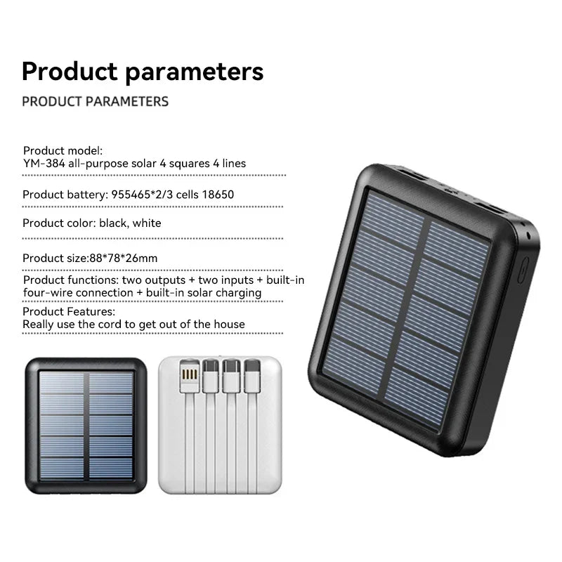 Batería externa solar 4 en 1 con cables integrados