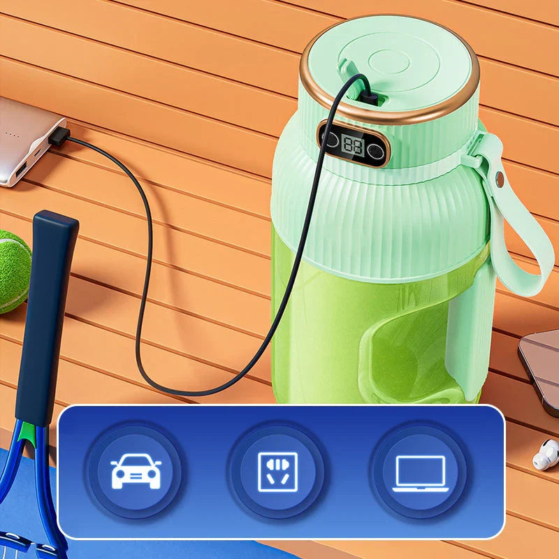 Batidora portátil multifunción con doble tapa y carga USB para smoothies y almacenamiento