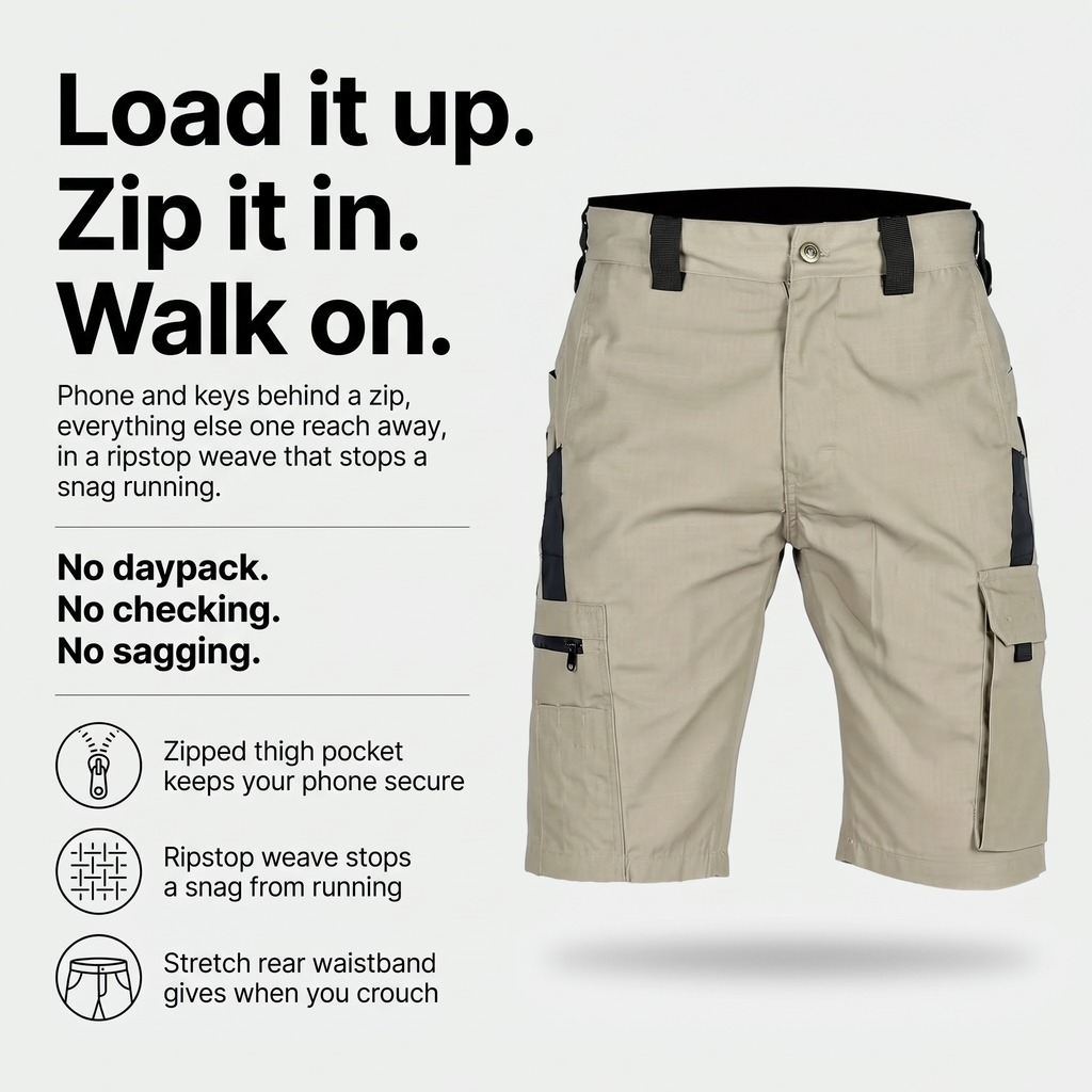Bermudas cargo para hombre - Bermudas hasta la rodilla - Bermudas de senderismo con bolsillo con cremallera