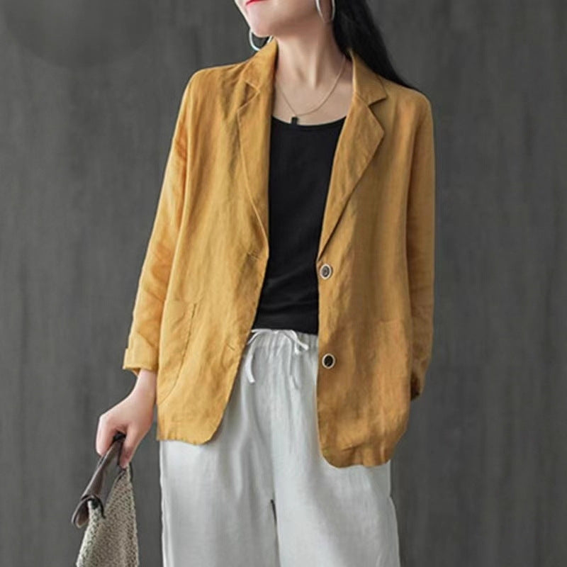 Blazer casual de lino para mujer con bolsillos