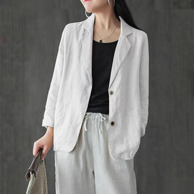Blazer casual de lino para mujer con bolsillos