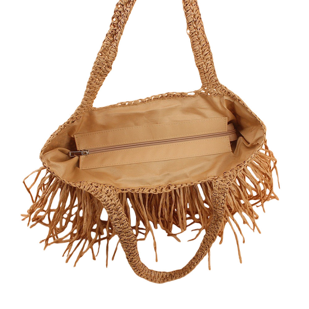 Bolso tote de rafia artesanal con flecos