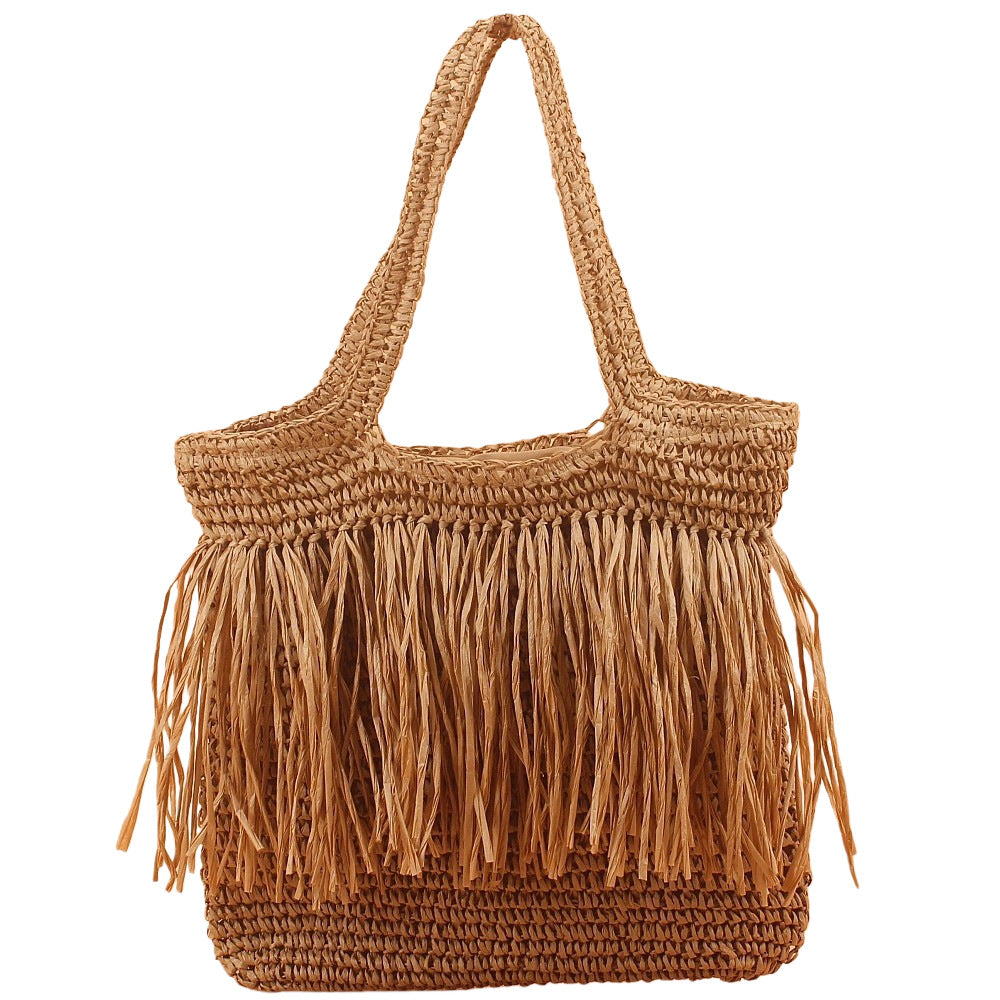 Bolso tote de rafia artesanal con flecos