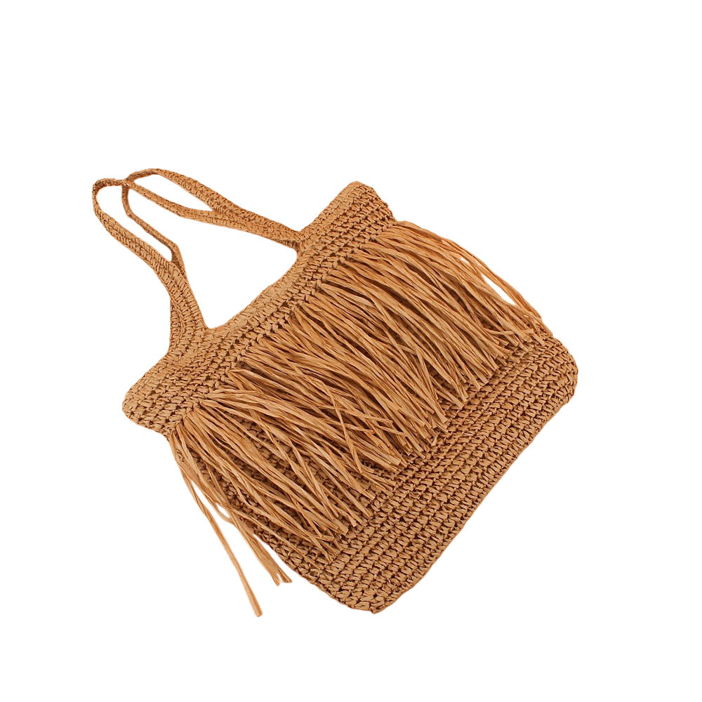 Bolso tote de rafia artesanal con flecos