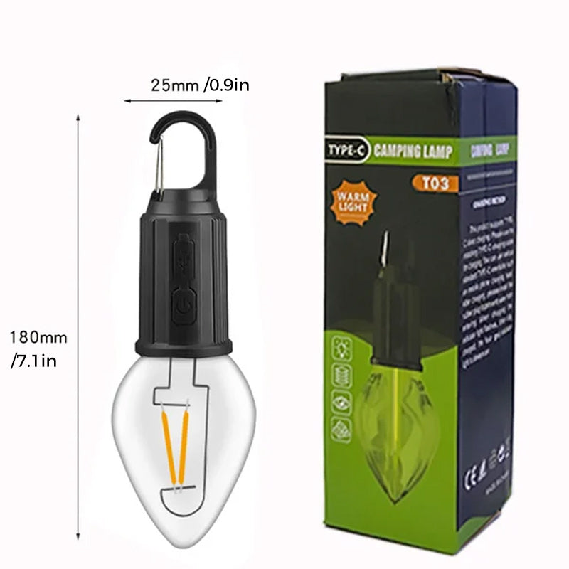 Bombilla LED recargable retro para camping con carga USB-C