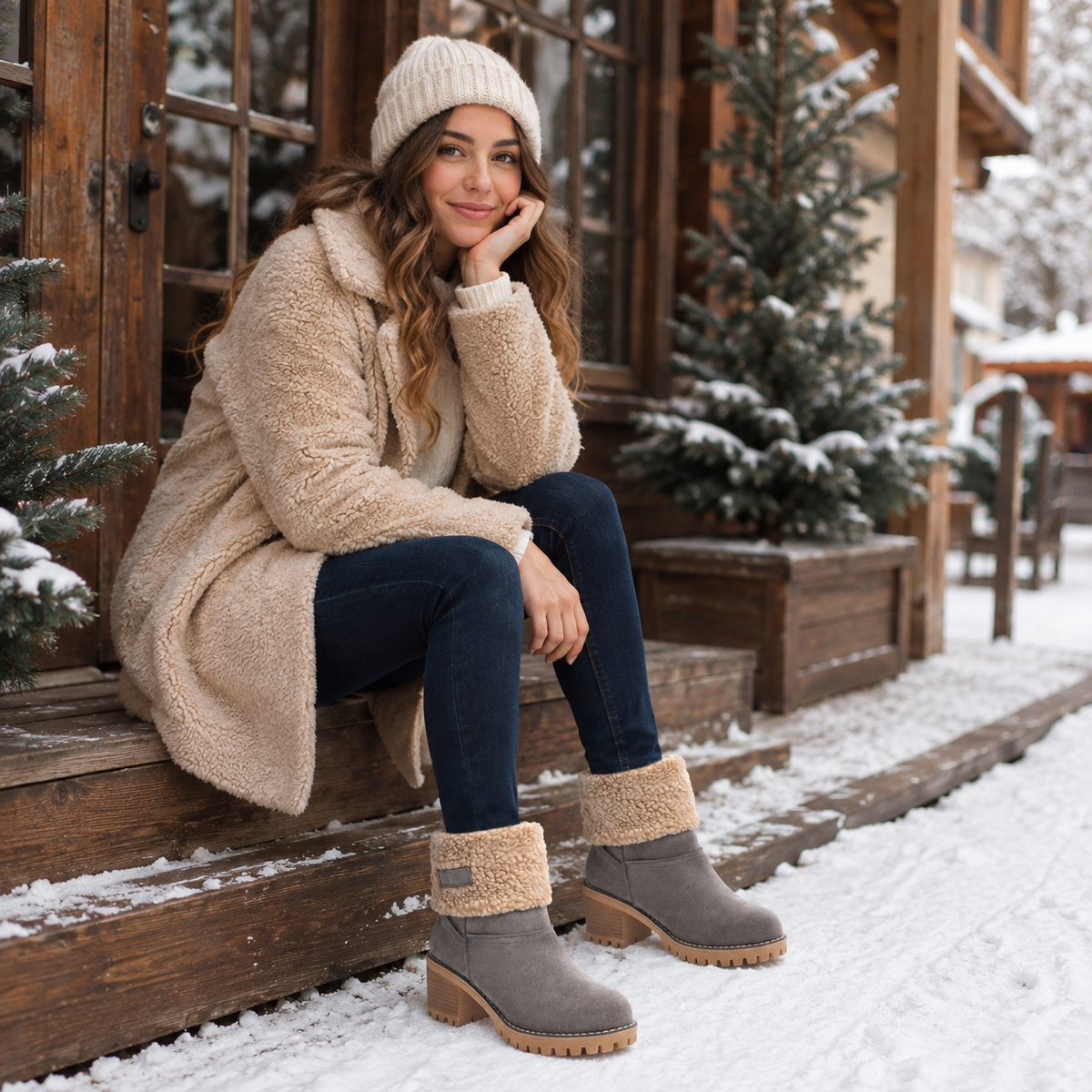Botas de nieve para mujer, botas de invierno impermeables con tacón ancho, botines de piel con puños de pelo y suela ant