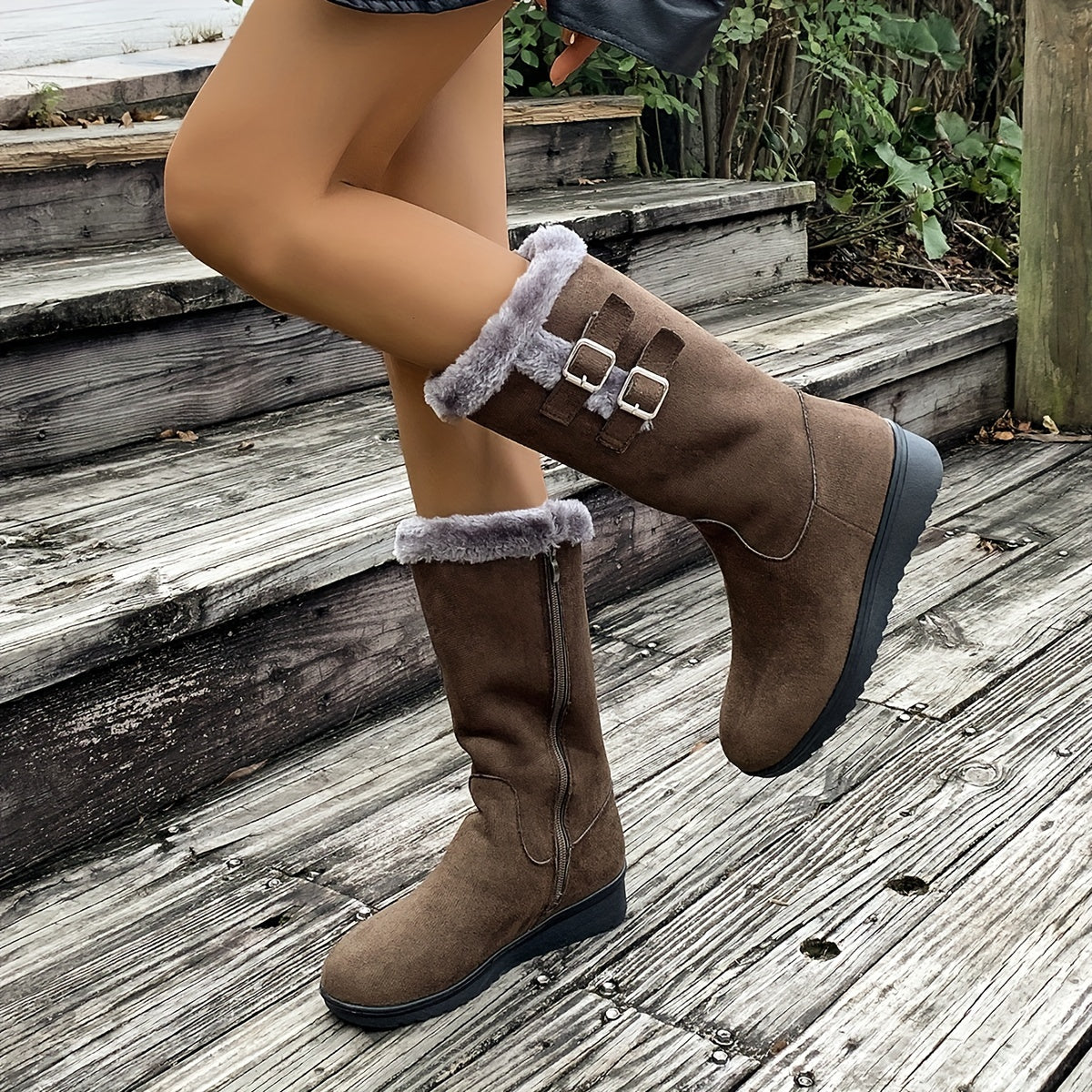 Botas de invierno forradas de pelo para mujer con cremallera lateral, doble hebilla y suela antideslizante, 3 colores, t