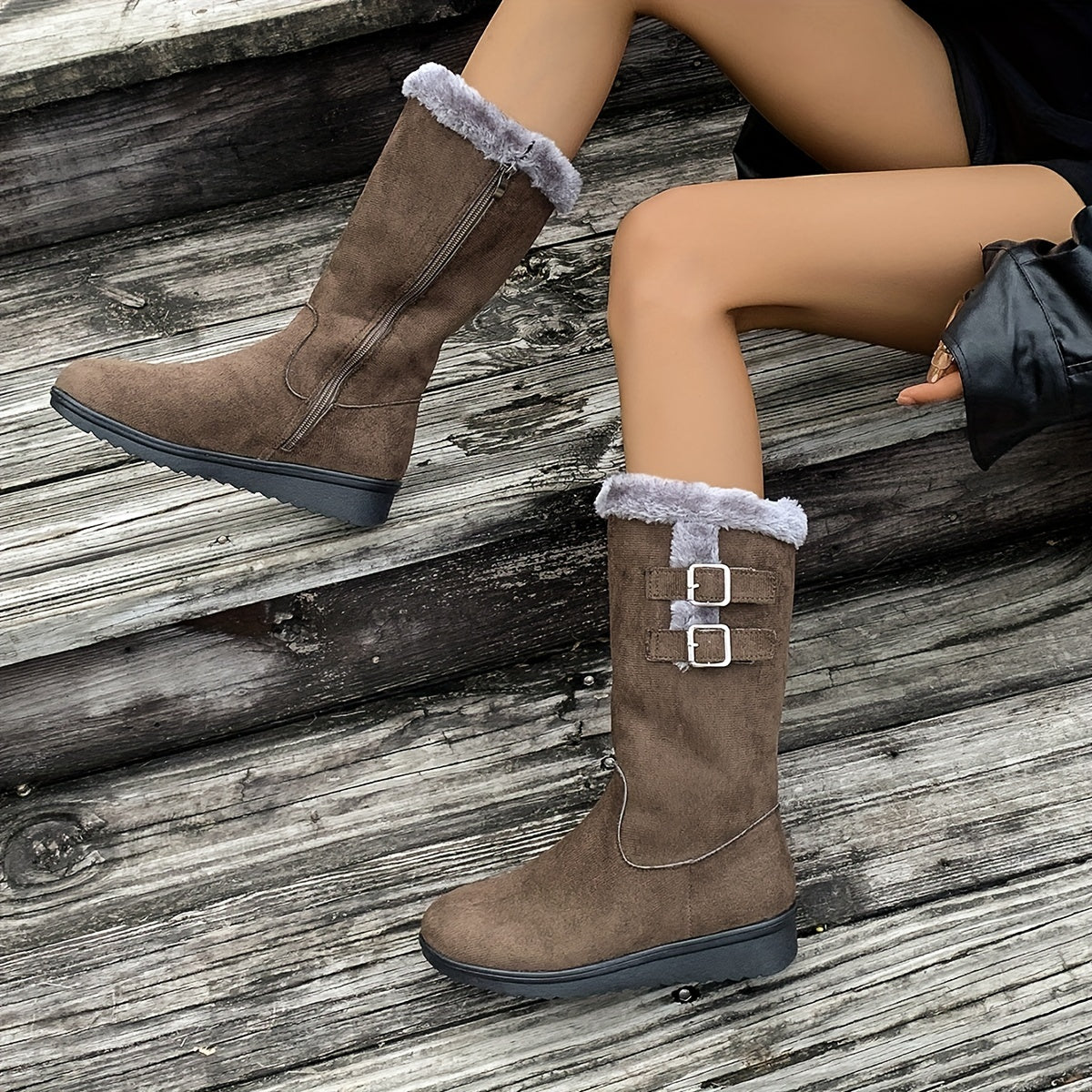Botas de invierno forradas de pelo para mujer con cremallera lateral, doble hebilla y suela antideslizante, 3 colores, t
